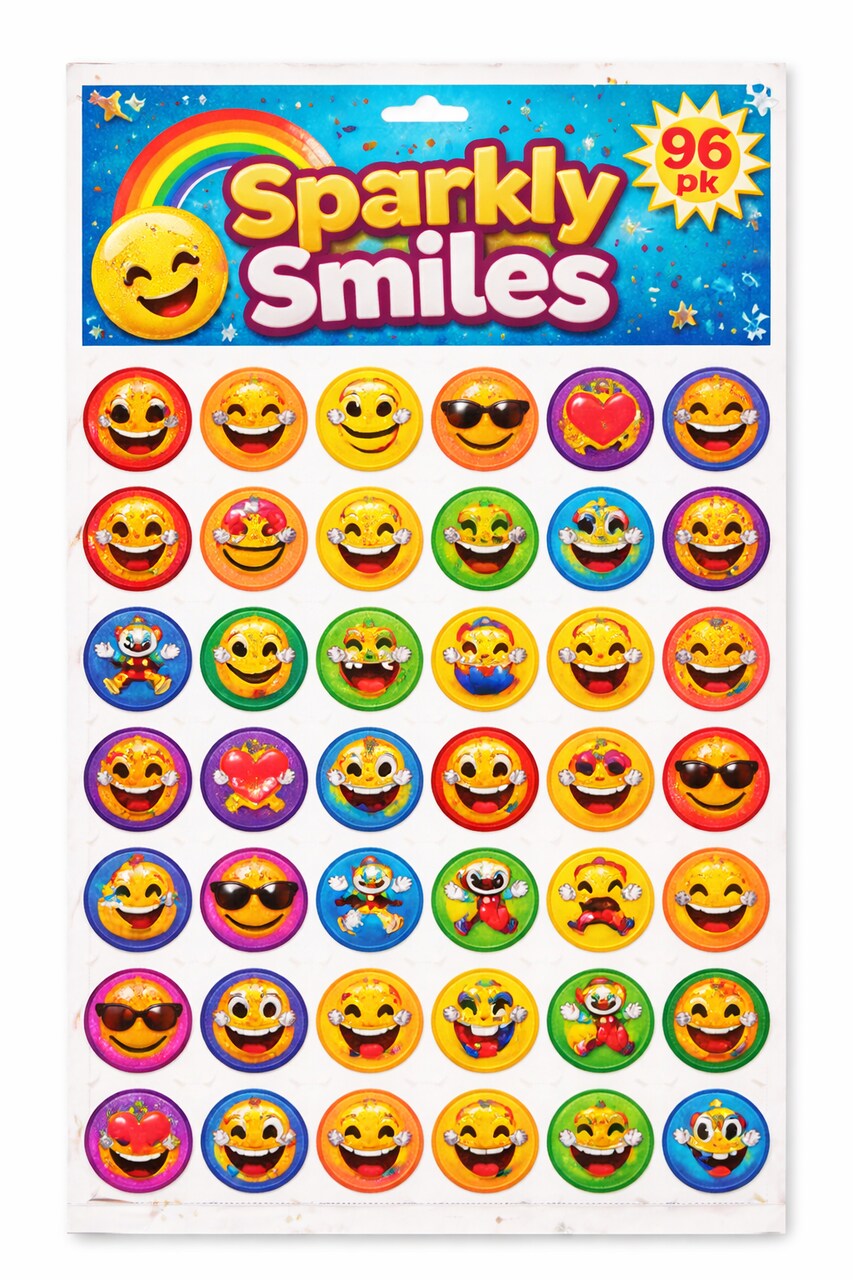 Sparkly Smiles Glitter Emoji Stickers 3/4" – 96 Pack Colorful Smiley Face Reward Stickers for Kids, Teachers & Crafts
